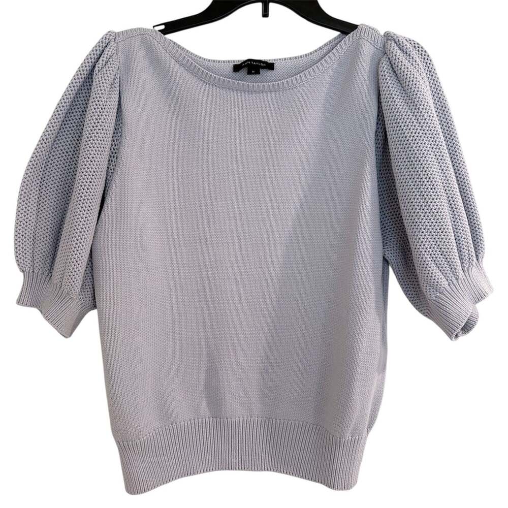 Ann Taylor Puff Sleeve Textured Knit Sweater Light Blue Gray XL